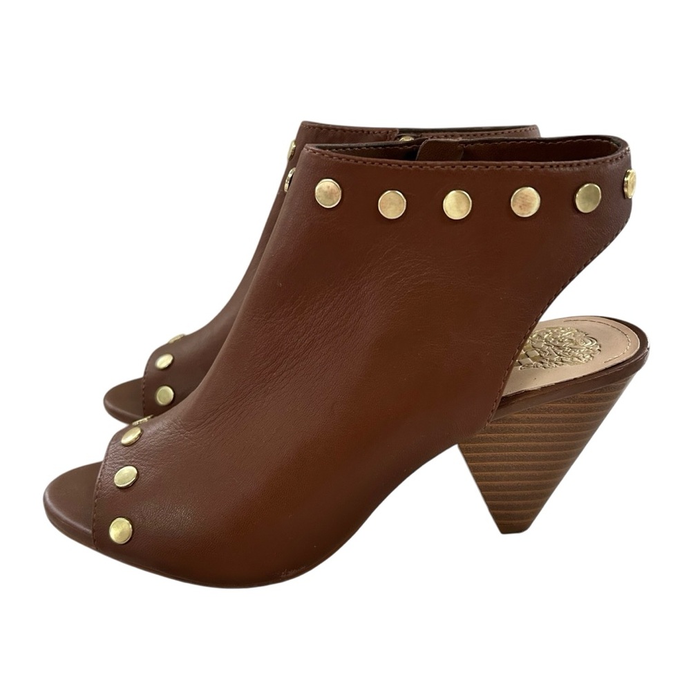 VINCE CAMUTO Edia Cognac Leather Gold Studded Ankle Peep Toe Sandals 8